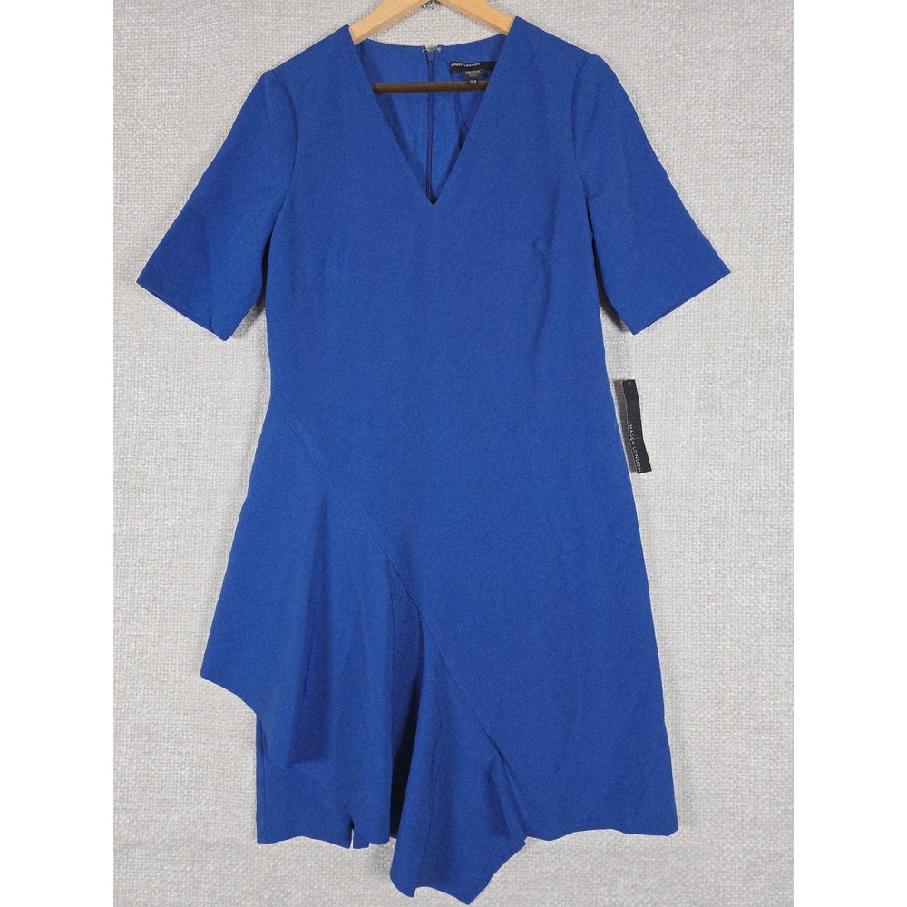 Maggy London Blue Short Sleeve Asymmetrical Ruffle V Neck Dress Size 10 NWT - Picture 4 of 12